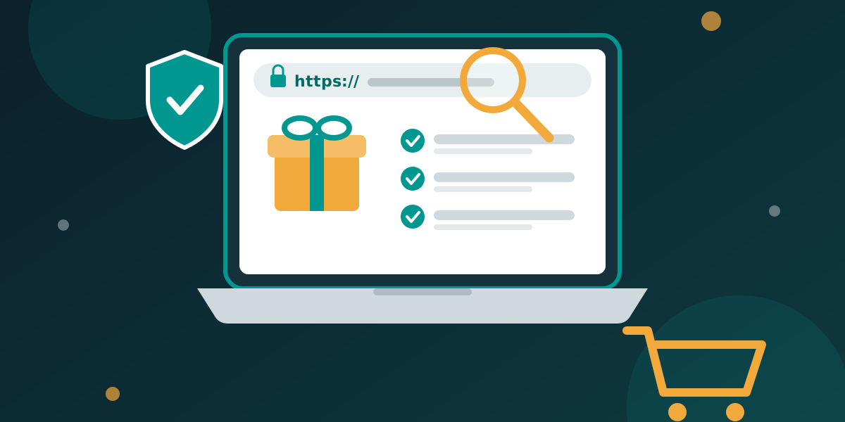 Laptop showing a secure https address bar, a gift box, a checklist, a shield with a check mark and a shopping cart, illustrating checking a store before buying online