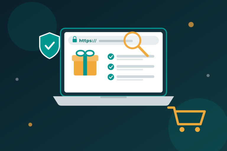 Laptop showing a secure https address bar, a gift box, a checklist, a shield with a check mark and a shopping cart, illustrating checking a store before buying online
